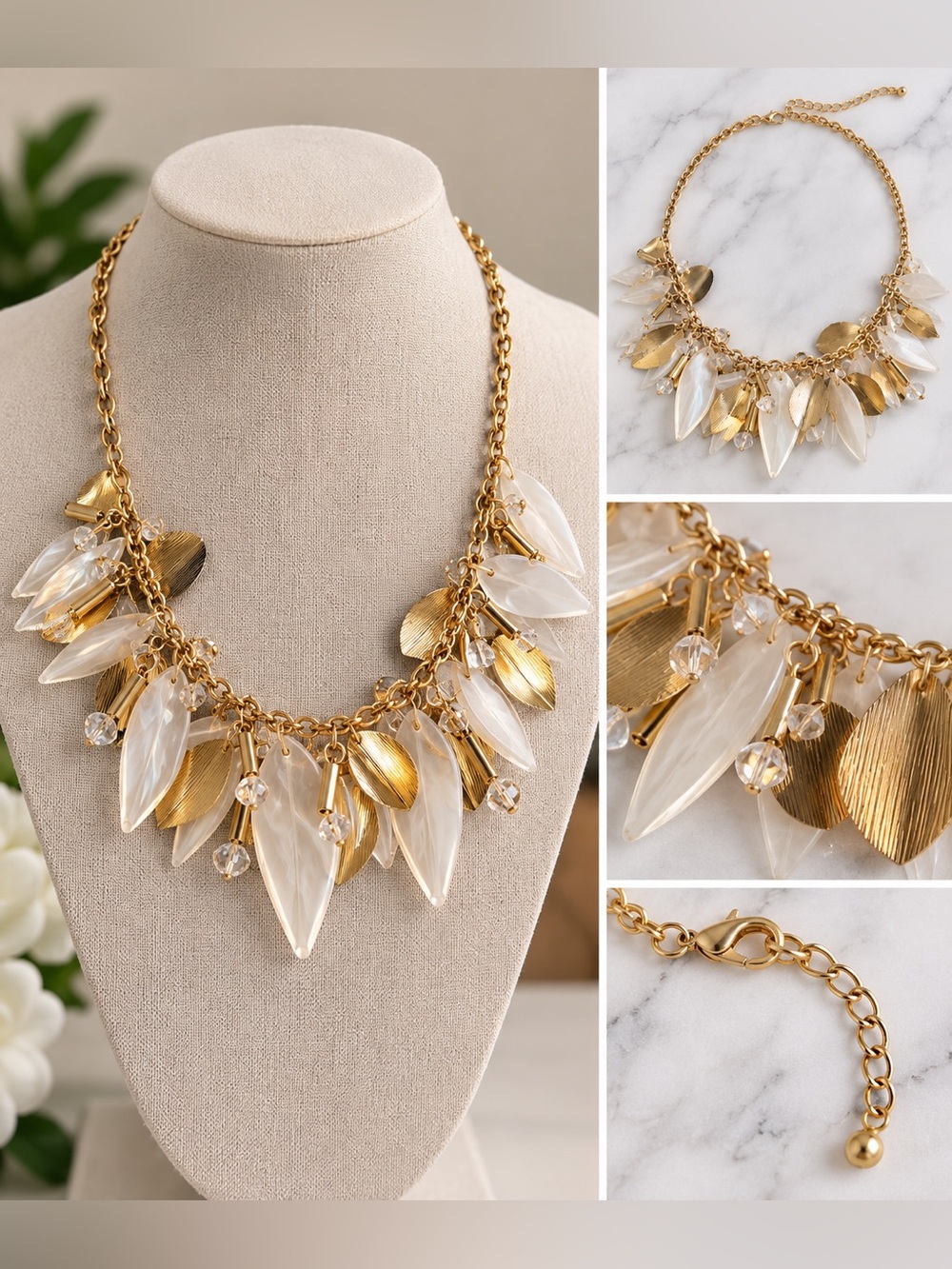 Gold Tone Statement Necklace with Pearl Leaf & Crystal Charms